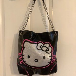 Authentic Hello Kitty Black & Silver Glitter Face Shoulder Bag W/Chain Strap